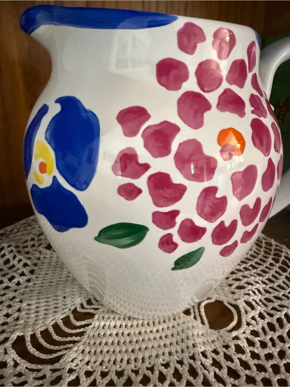 Vintage-hand Painted Floral Ceramic Pitcher in White with Pink and Blue Accents